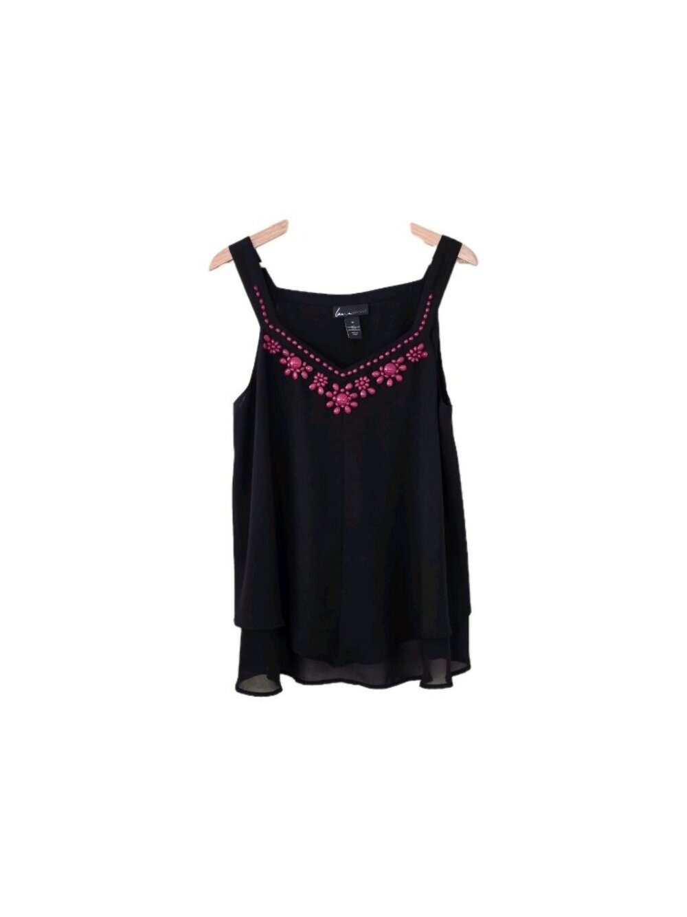 Lane Bryant Top Womens 14 Black Sleeveless Flowy Assymetric Hem Boho Embellished